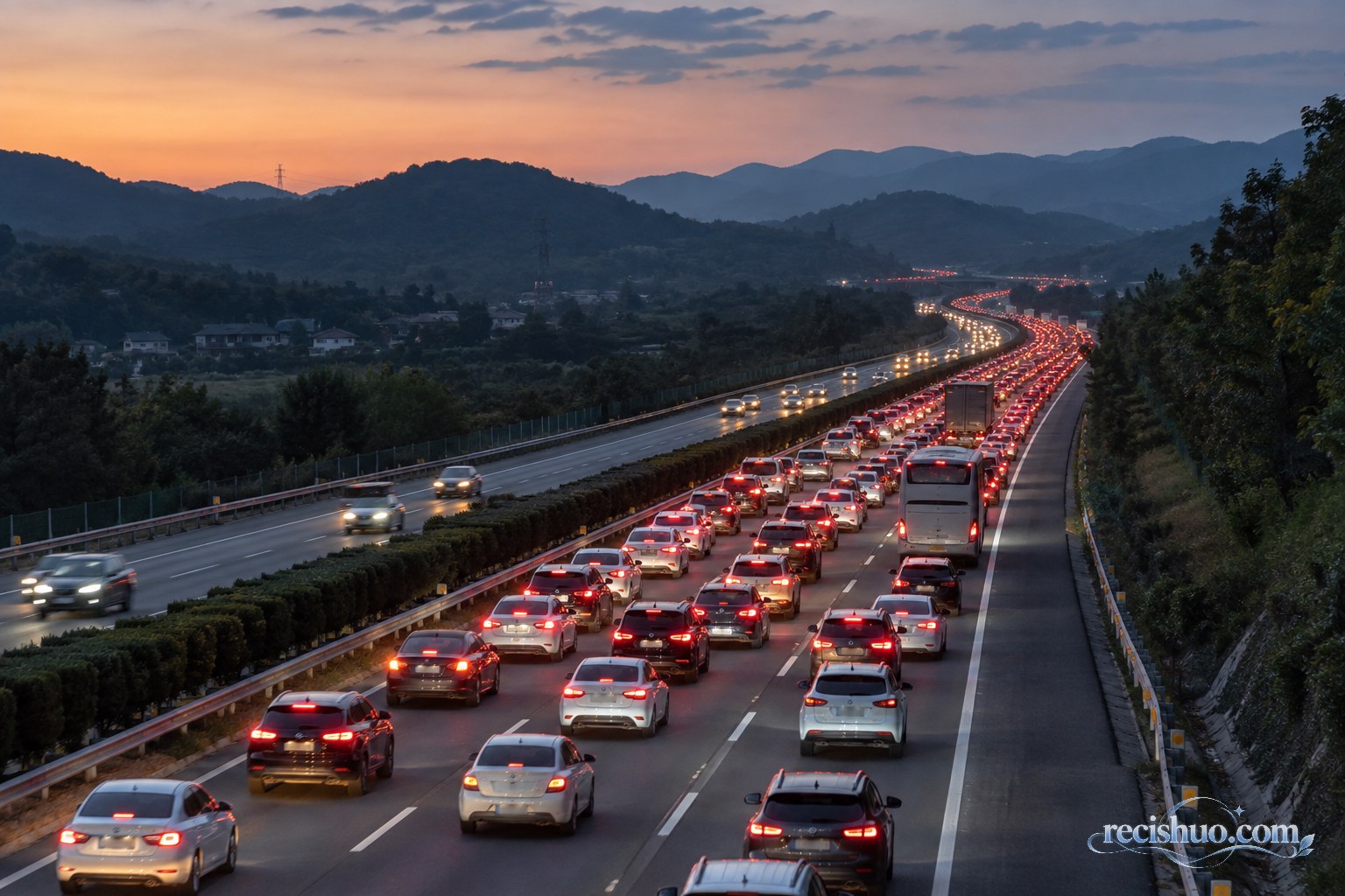 傍晚高速公路返程车流密集,红色尾灯沿道路延伸成长龙