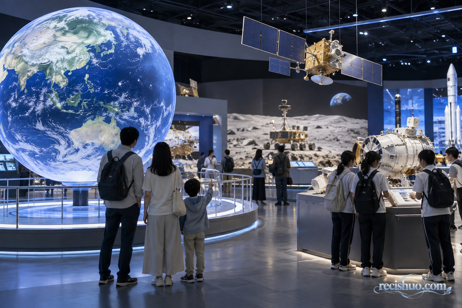 家庭观众和青年学生在航天科技展厅参观地球与卫星模型