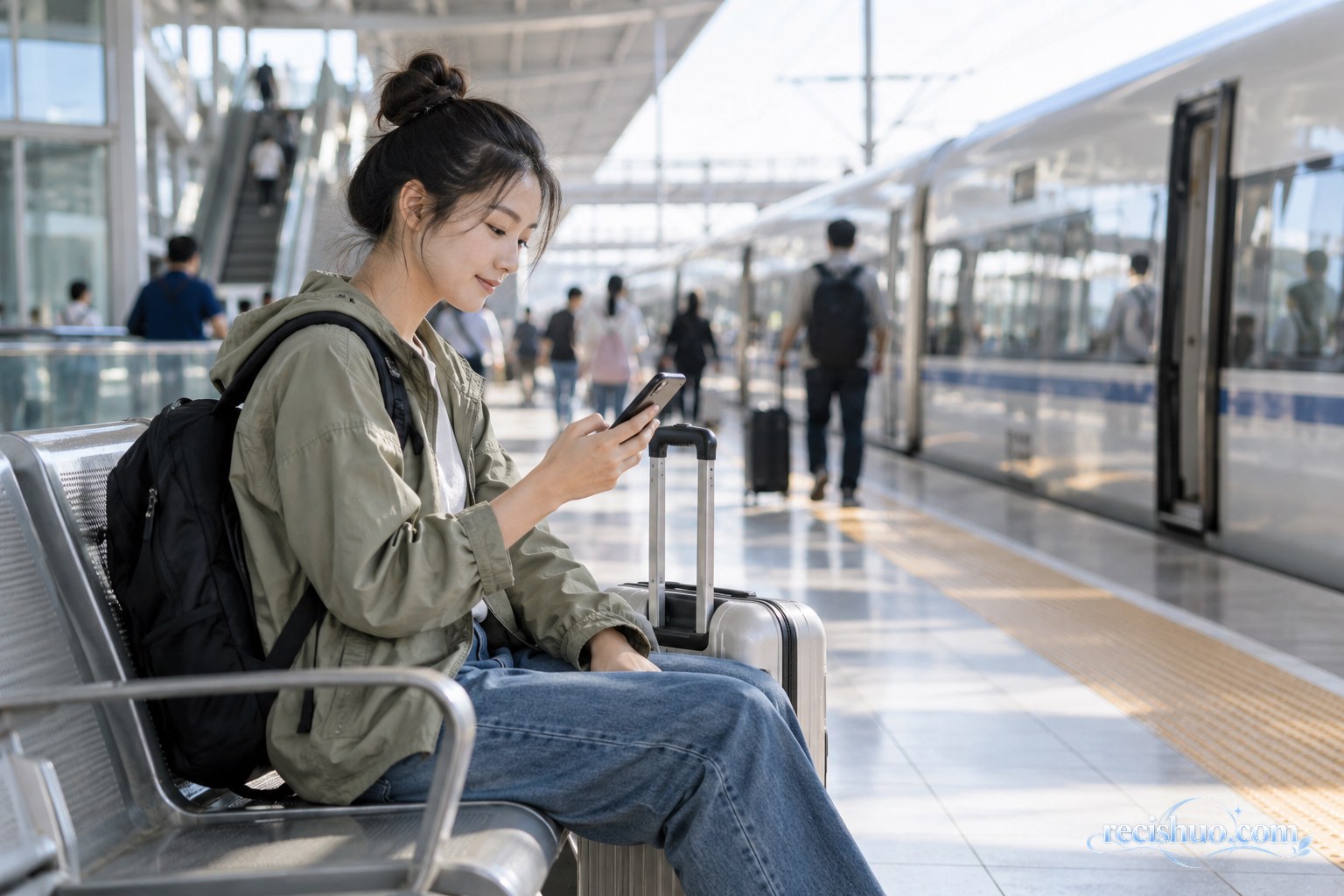年轻旅行者在火车站候车时用手机核对行程