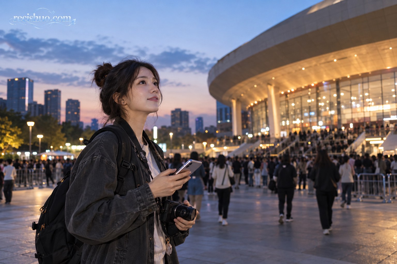傍晚时分,一名年轻旅行者带着手机和相机站在城市演出场馆外准备记录追星旅程