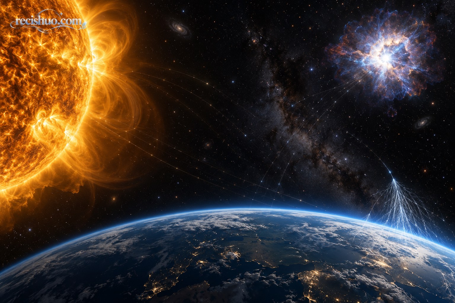 太阳、超新星和宇宙线共同产生中微子的天文科普图