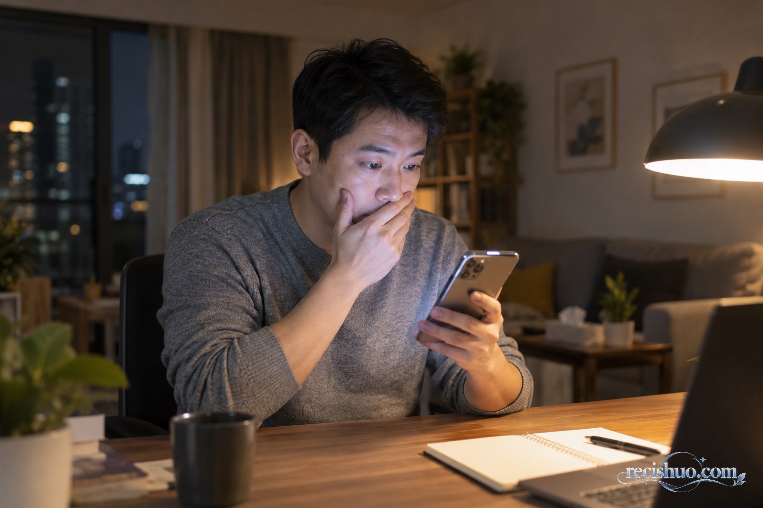 男子在家中查看手机上的异常欠费提醒并露出疑惑神情