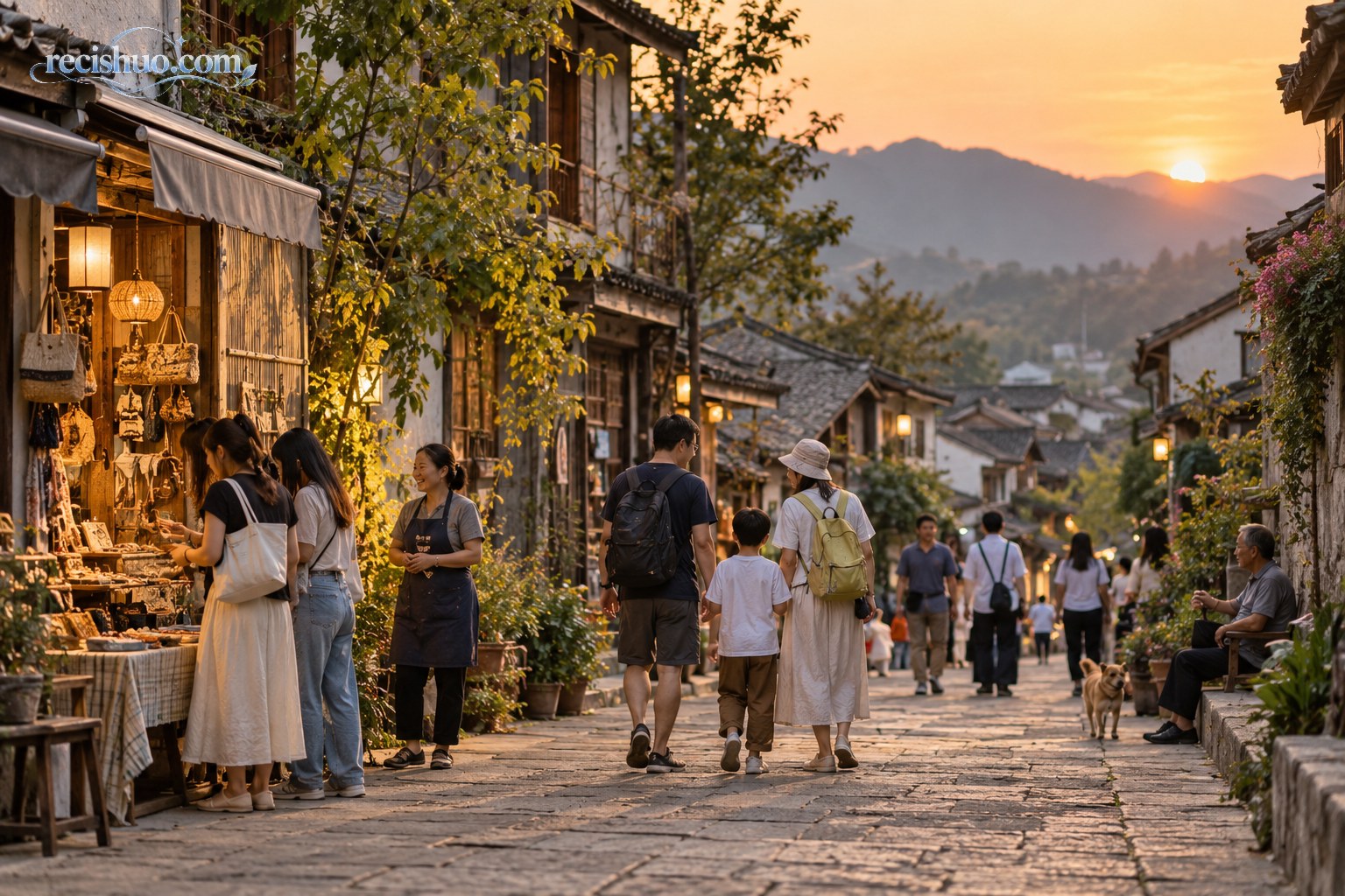 傍晚暖光下,游客与居民在富有生活气息的小城街巷中自然往来