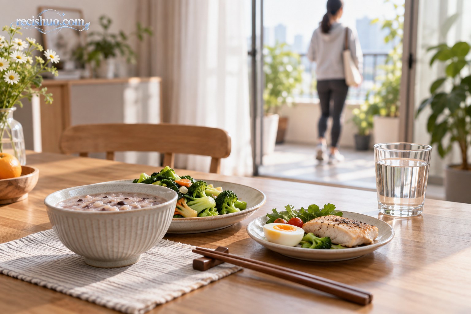 清淡均衡的日常餐食摆在桌上,一名成年人正准备出门散步