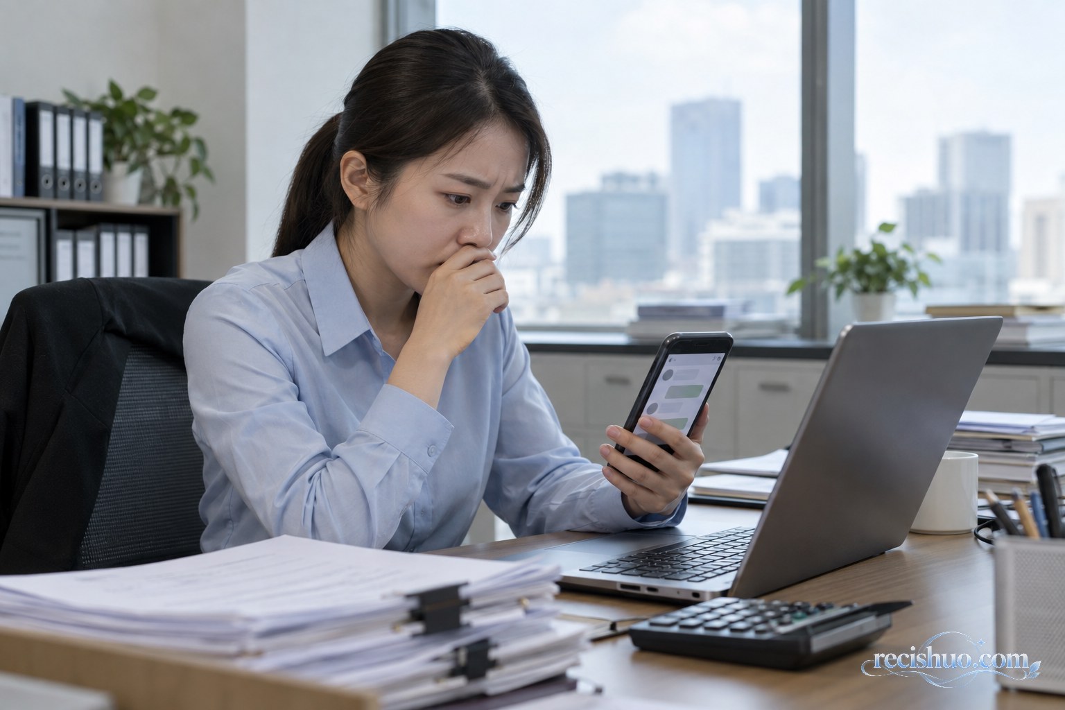 企业财务人员在办公室查看可疑手机消息并暂停操作