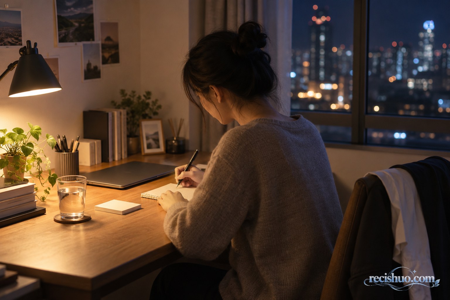 长假结束前夜,一名年轻人在城市公寓书桌前安排次日待办