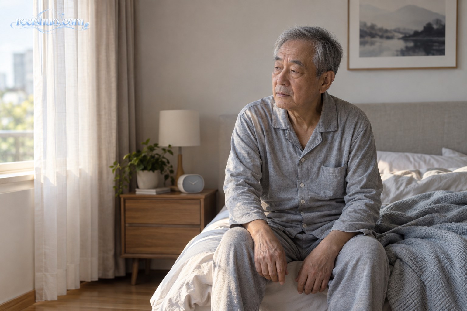 清晨自然醒来的老年人坐在卧室床边望向窗外
