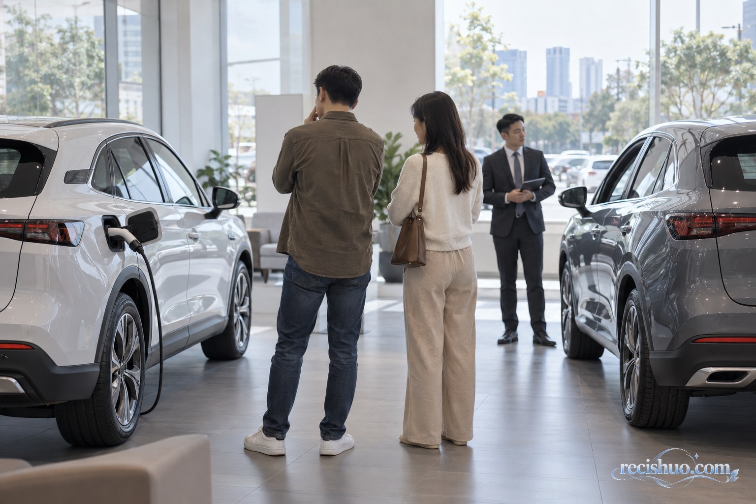 消费者在汽车展示空间内比较电动车与常规家用车
