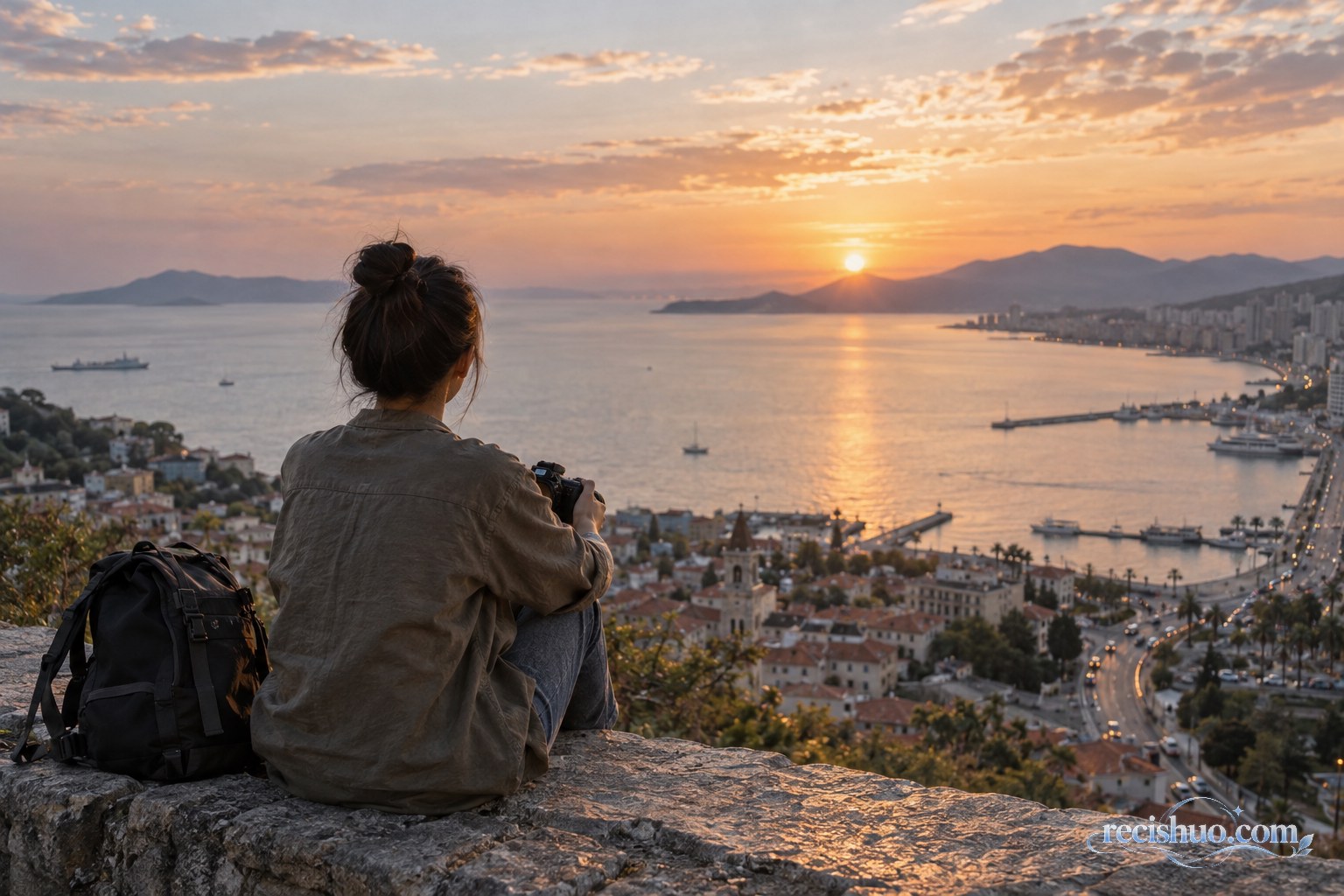 旅行者在夕阳下的临海城市观景台回望旅程