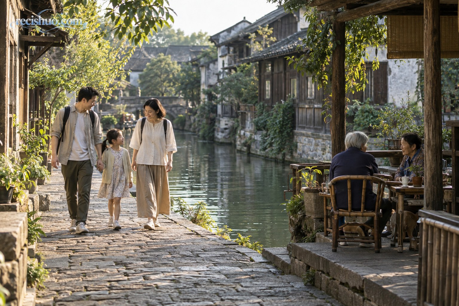 一家三口漫步在安静的江南水乡河畔