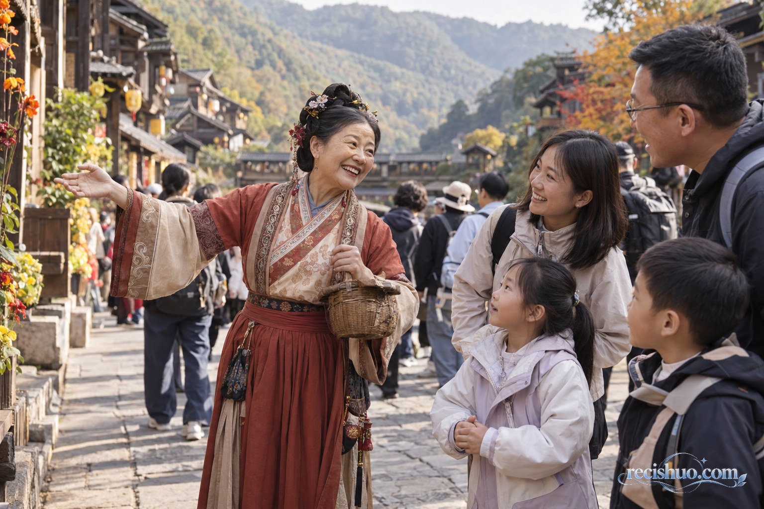 一名年长女性身着古风服装,在山景街区与游客家庭自然互动