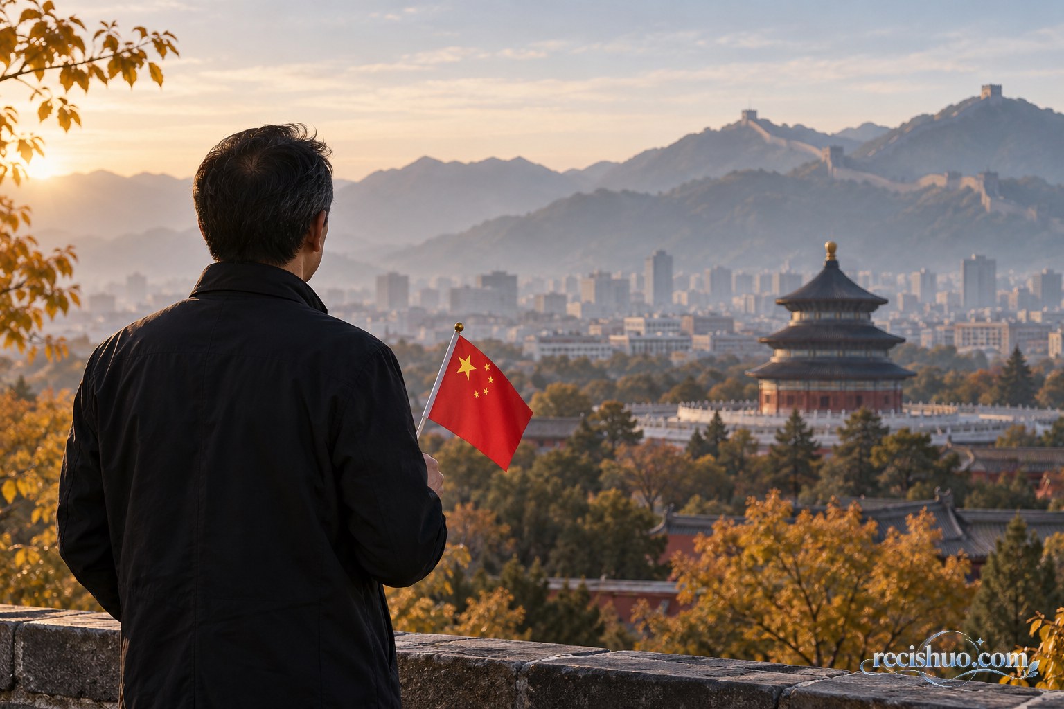 一名中年男子手持国旗远望长城与天坛意象的写实新闻插画