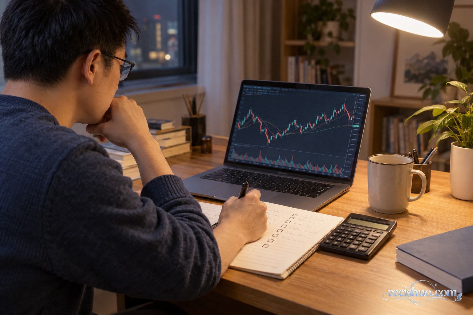 夜晚书房中,投资者对照电脑行情与纸面清单复盘交易计划