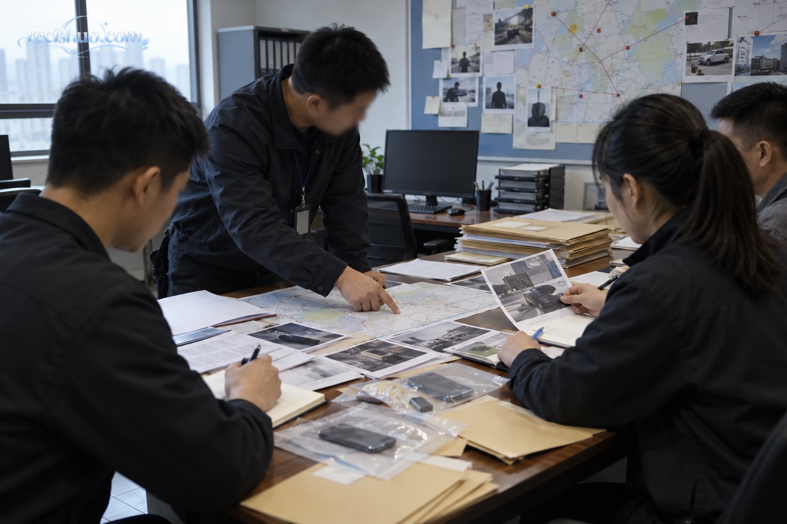 专案人员在办公室内共同梳理地图、文件与电子设备等案件线索