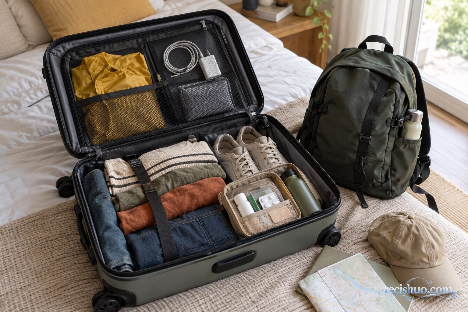 床边打开的旅行箱内整齐放置衣物鞋履和常用出行物品