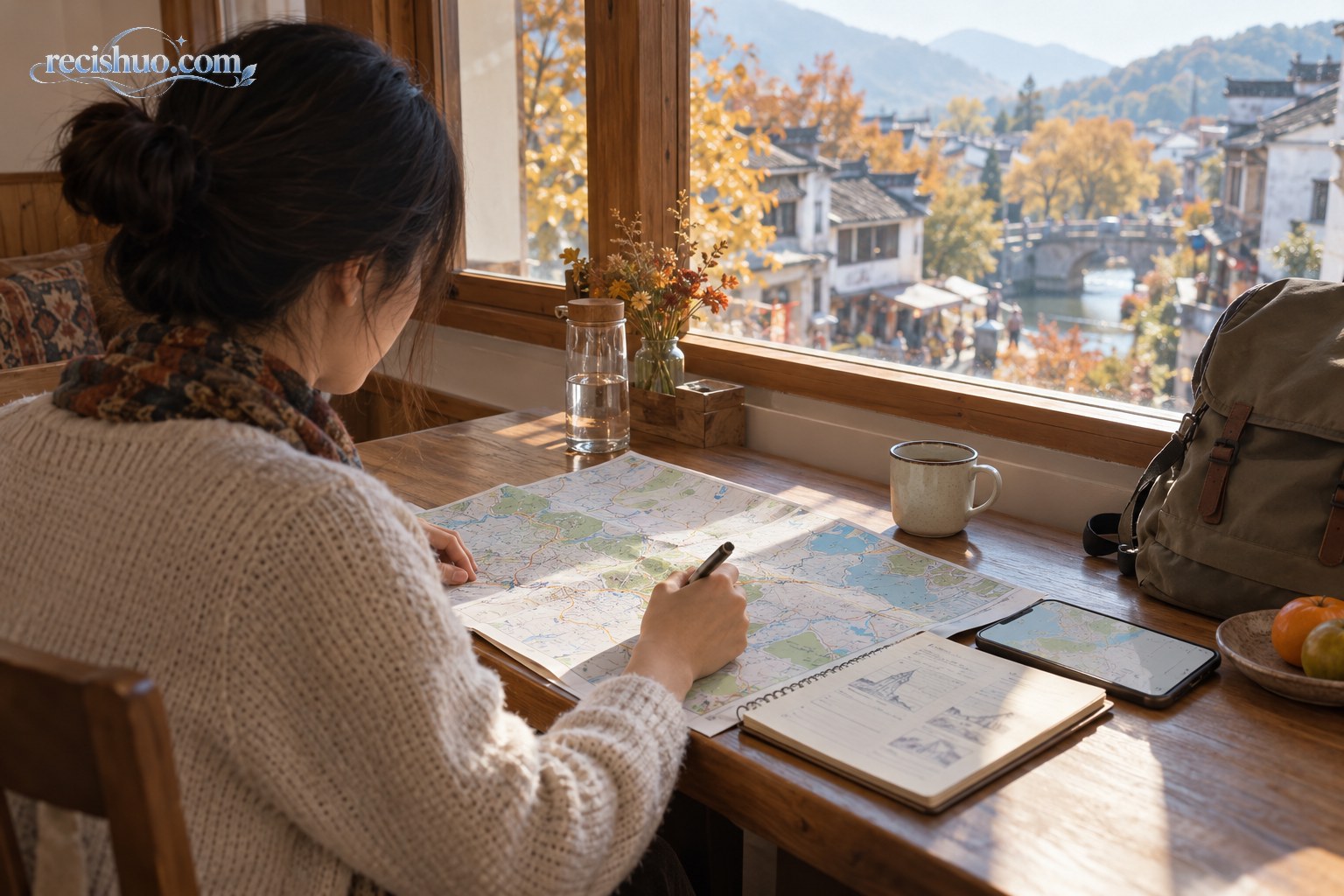 旅行者在民宿窗边结合地图和手机规划宽松行程
