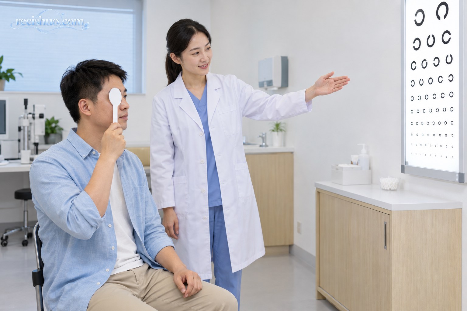 成年人在视光检查室使用遮眼板接受单眼视力检查