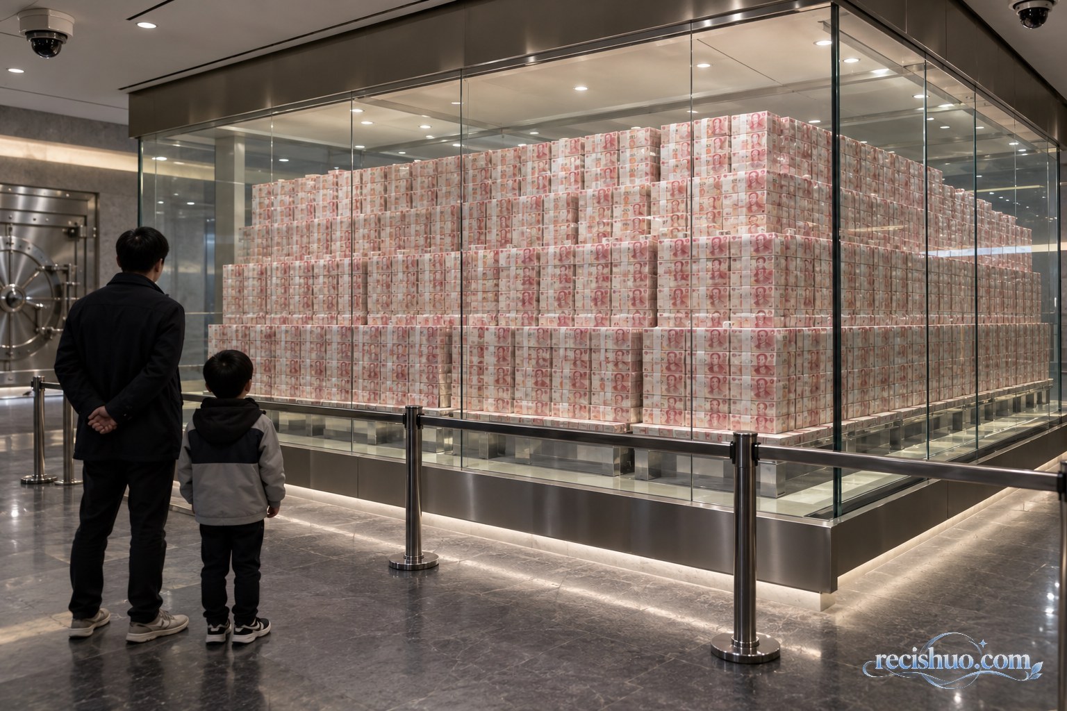 成年人与孩子在安全护栏外观察大型现钞展柜的示意画面