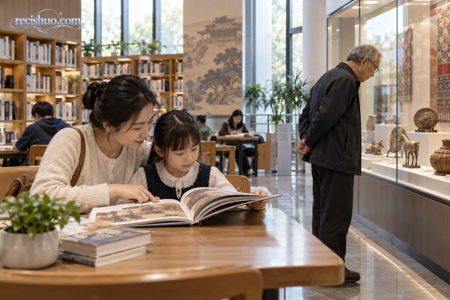 母女在公共图书馆共读历史文化图册，老年读者参观传统工艺展柜