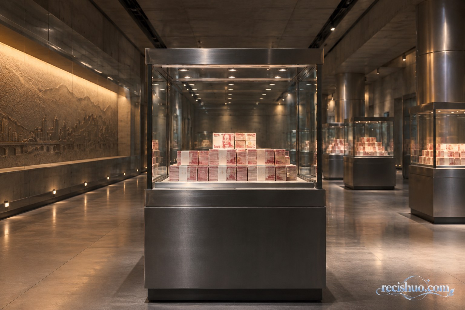 现代地下安全展陈空间内,透明展柜中整齐摆放着无可识别细节的红色纸币模型