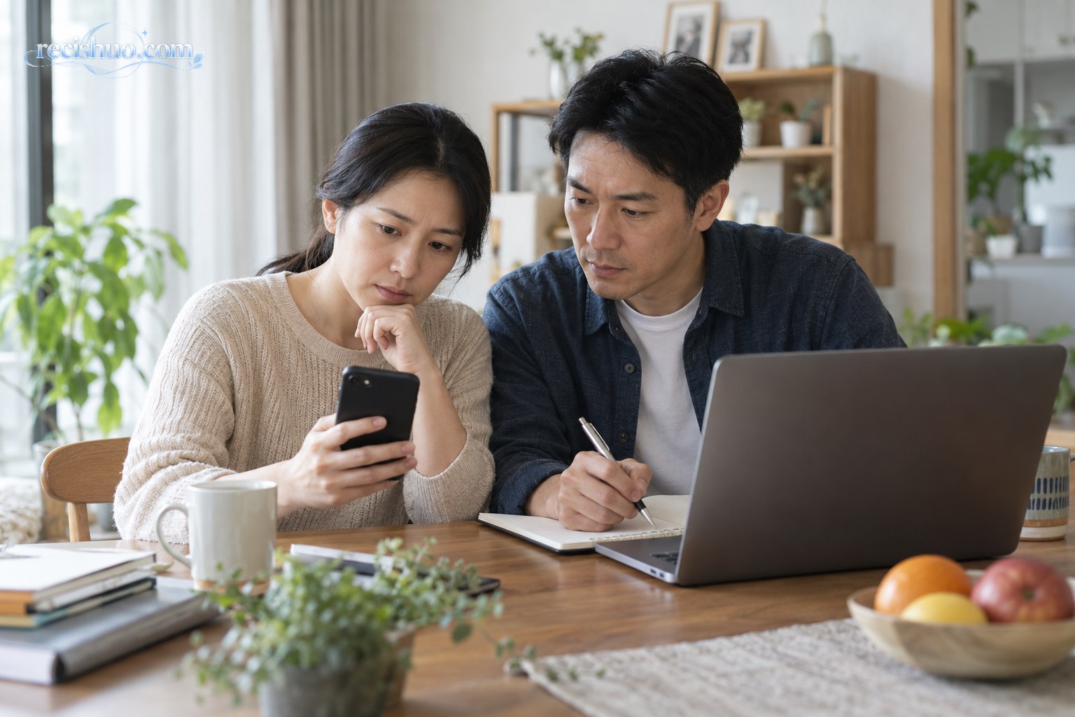 两名家人在餐桌旁核验手机中的可疑招聘信息