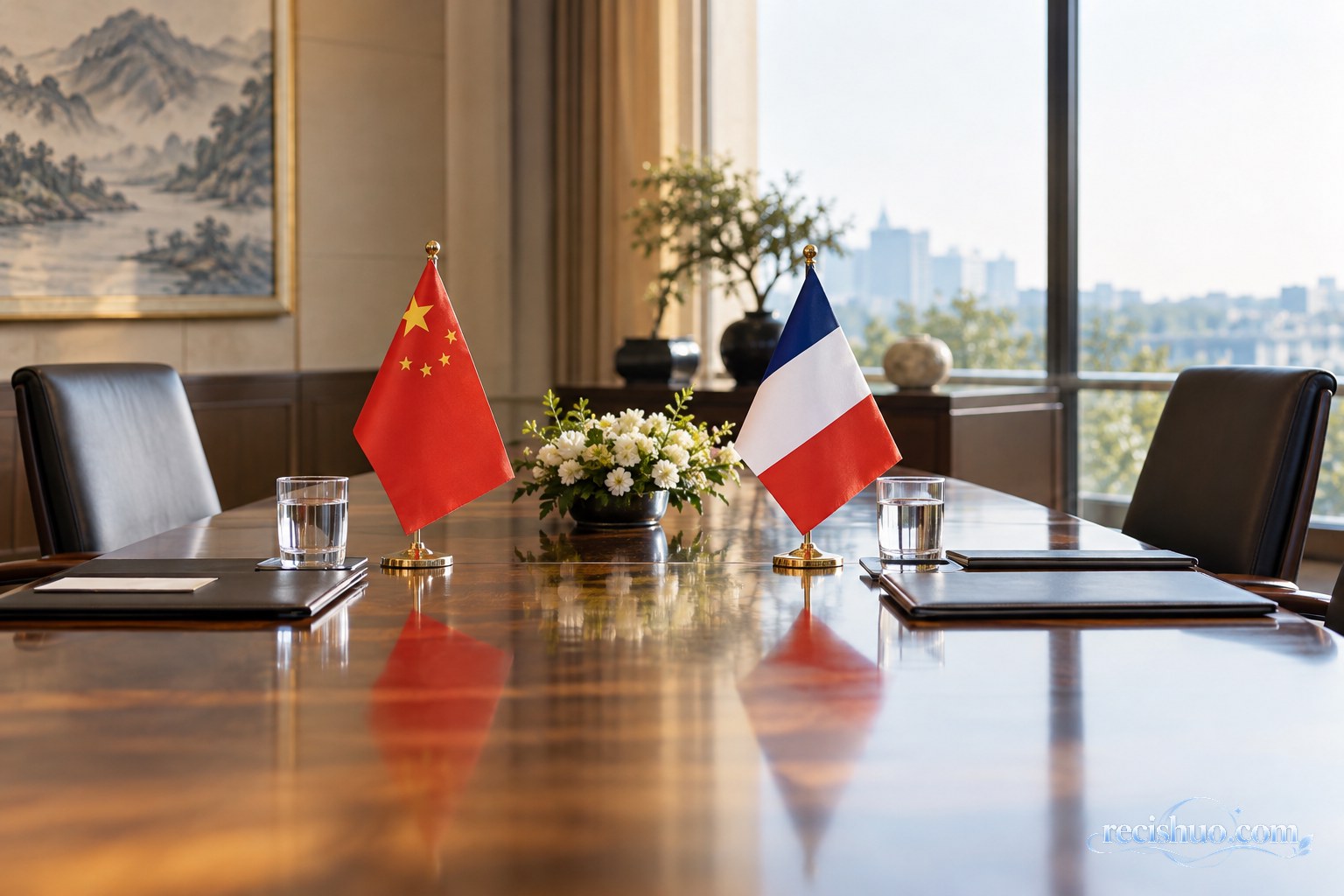 中法两国国旗置于布置整齐的会谈桌上,象征即将举行的战略对话