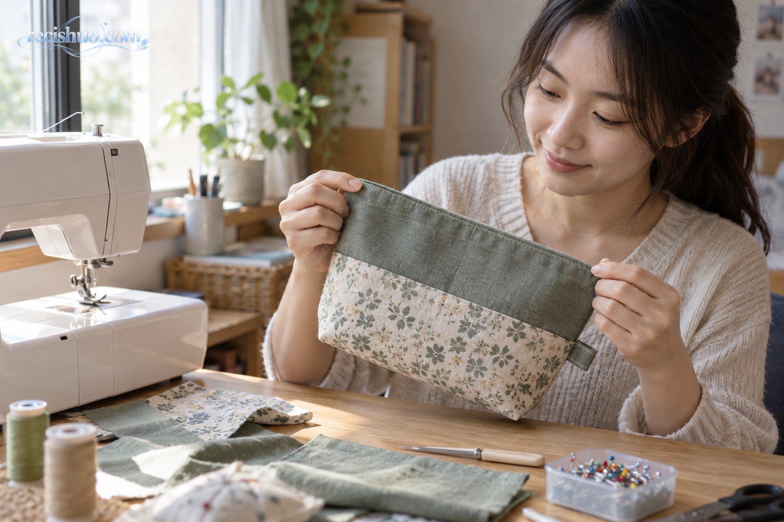 年轻人在家中检查自己缝制完成的布艺收纳袋