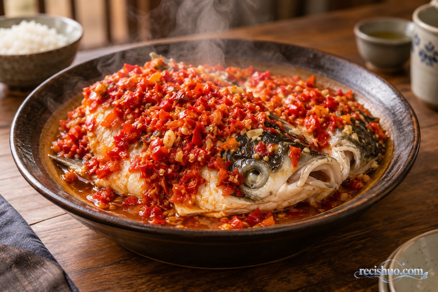 木桌上一盘热气升腾、铺满红色剁椒的湘潭风味剁椒鱼头