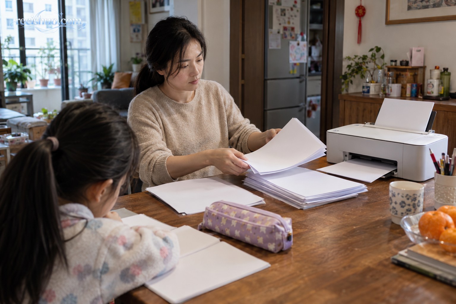 家长在家用打印机旁整理作业纸,孩子坐在餐桌前准备学习
