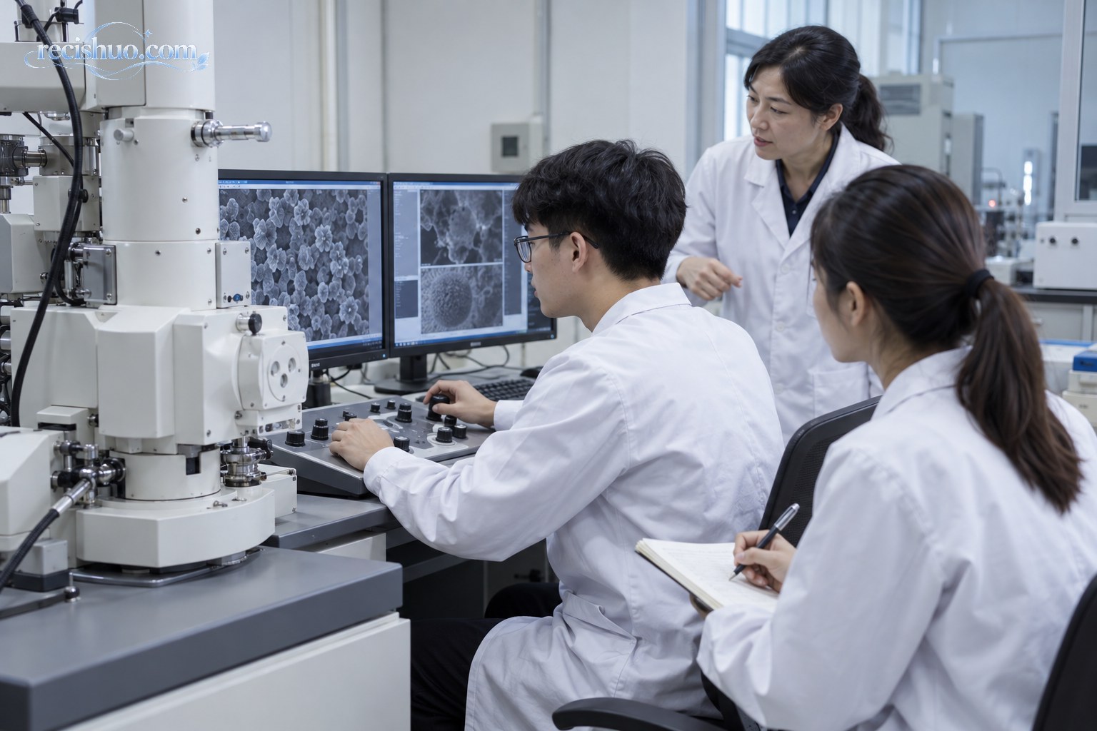 学生在教师指导下操作电子显微镜并记录观察结果