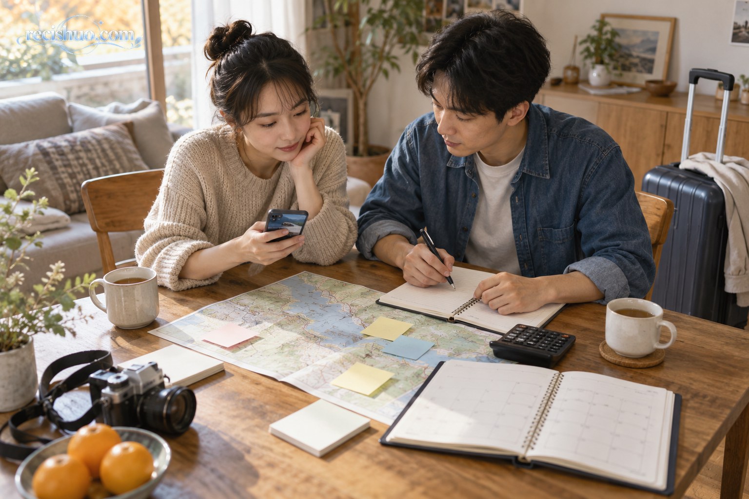 两位年轻人在家中利用地图、日历和计算器共同规划长假行程