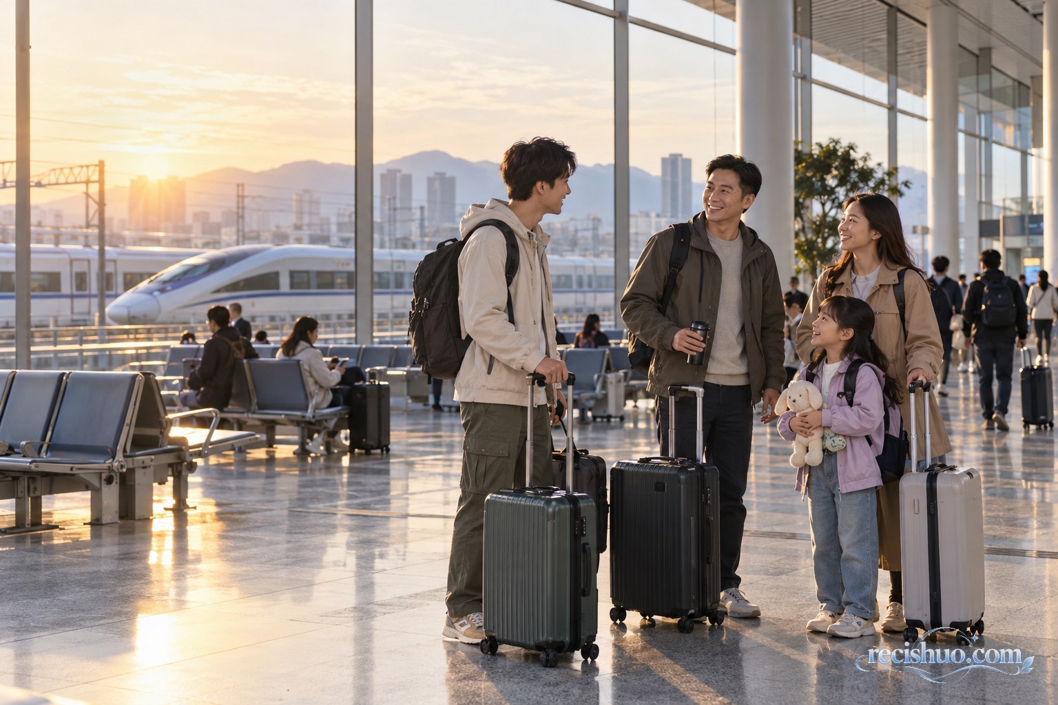 秋日清晨,一家三口与年轻朋友带着行李在高铁站准备开启长线旅行