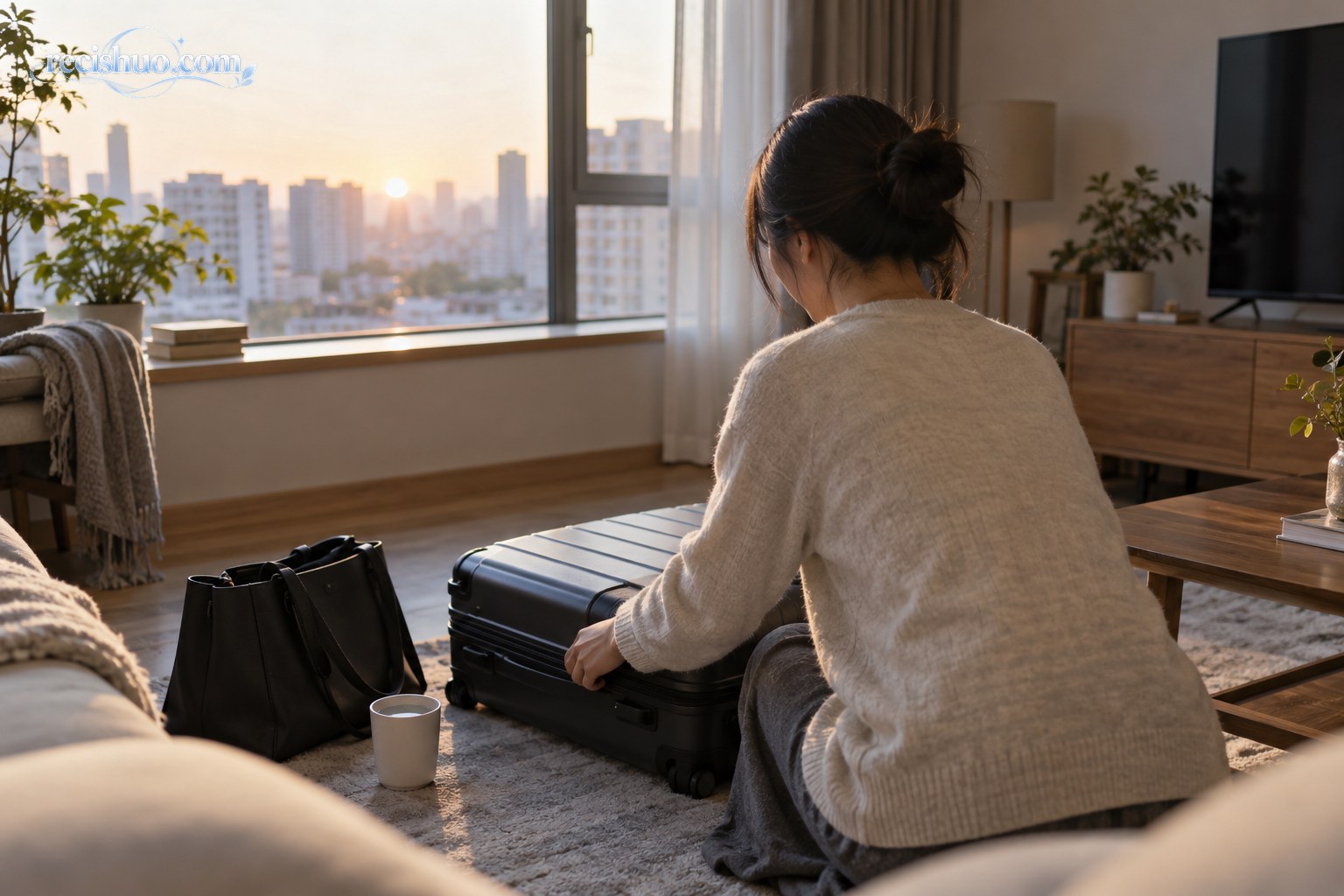 清晨城市住宅里，一名年轻人整理旅行箱并准备恢复通勤生活