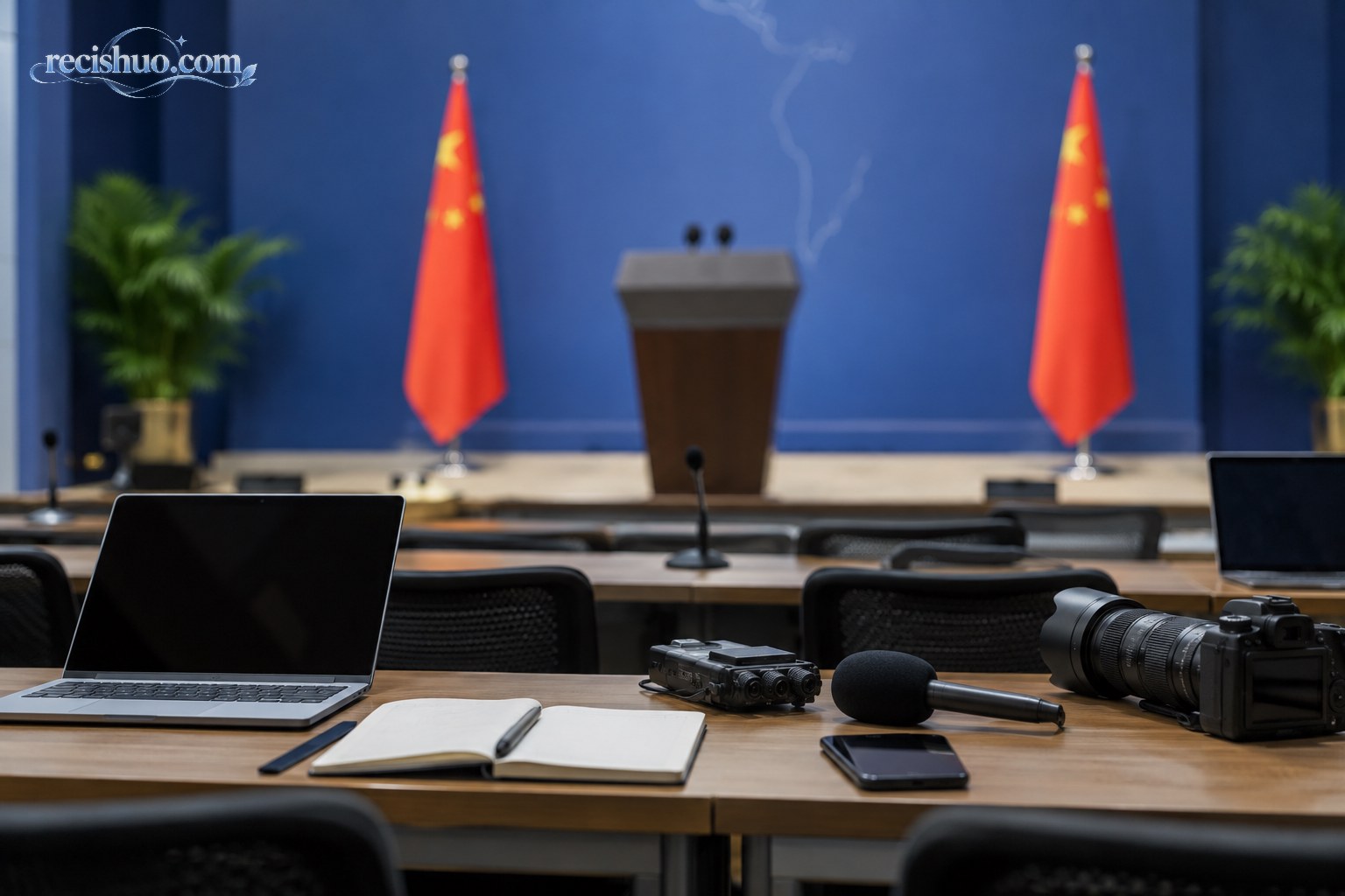 新闻发布厅记者席上的笔记本、录音设备与远处虚化的发言台