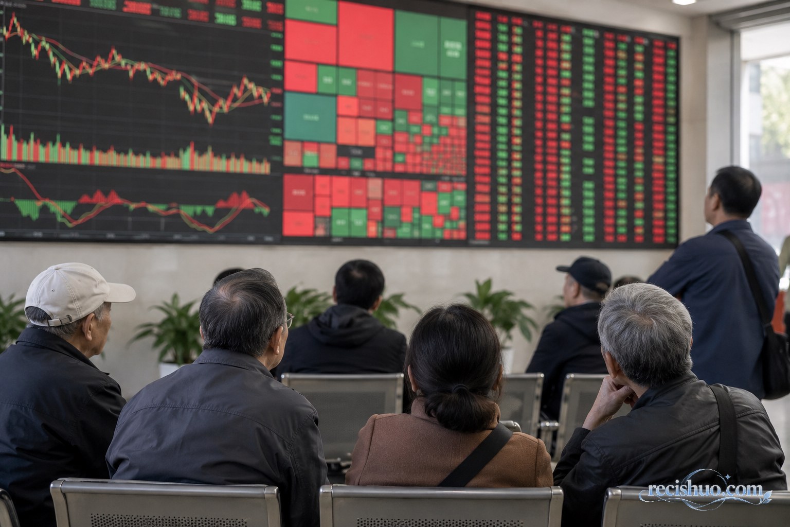 证券服务大厅内,多位投资者冷静观察红绿交错的市场显示屏