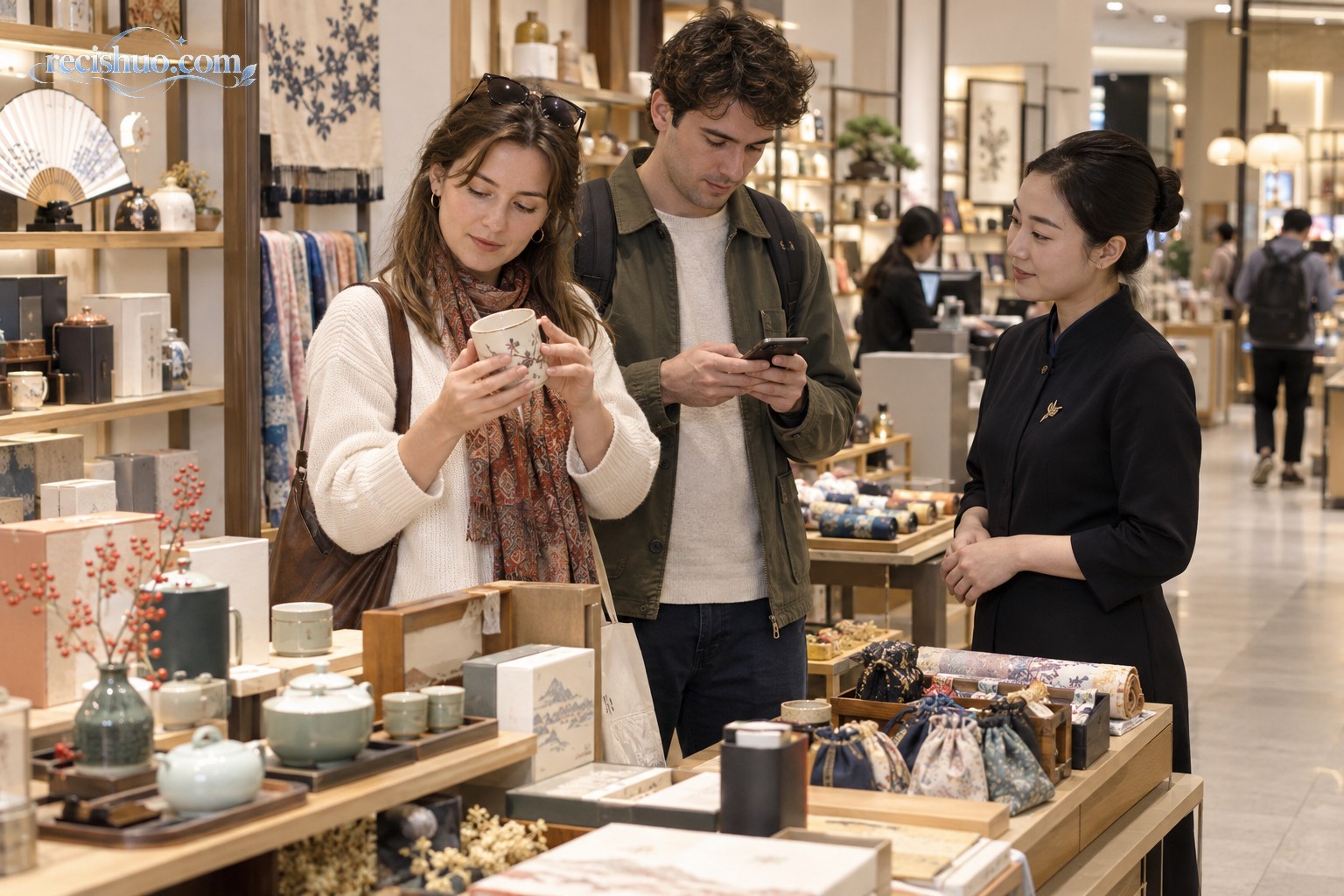 海外游客在中国商场挑选茶具并用手机核对旅行预算