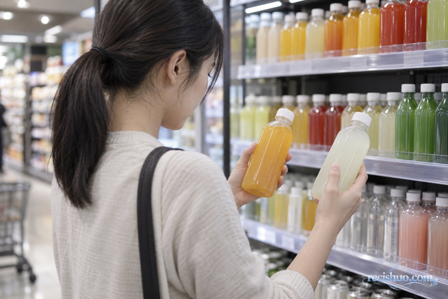 消费者在超市货架前比较两瓶饮料的配料信息