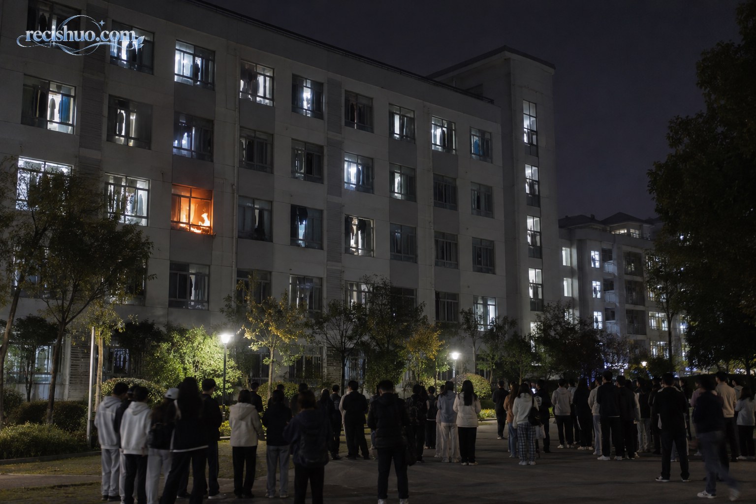 夜间学生公寓一处房间出现局部火情，学生在楼外安全区域集合的示意画面