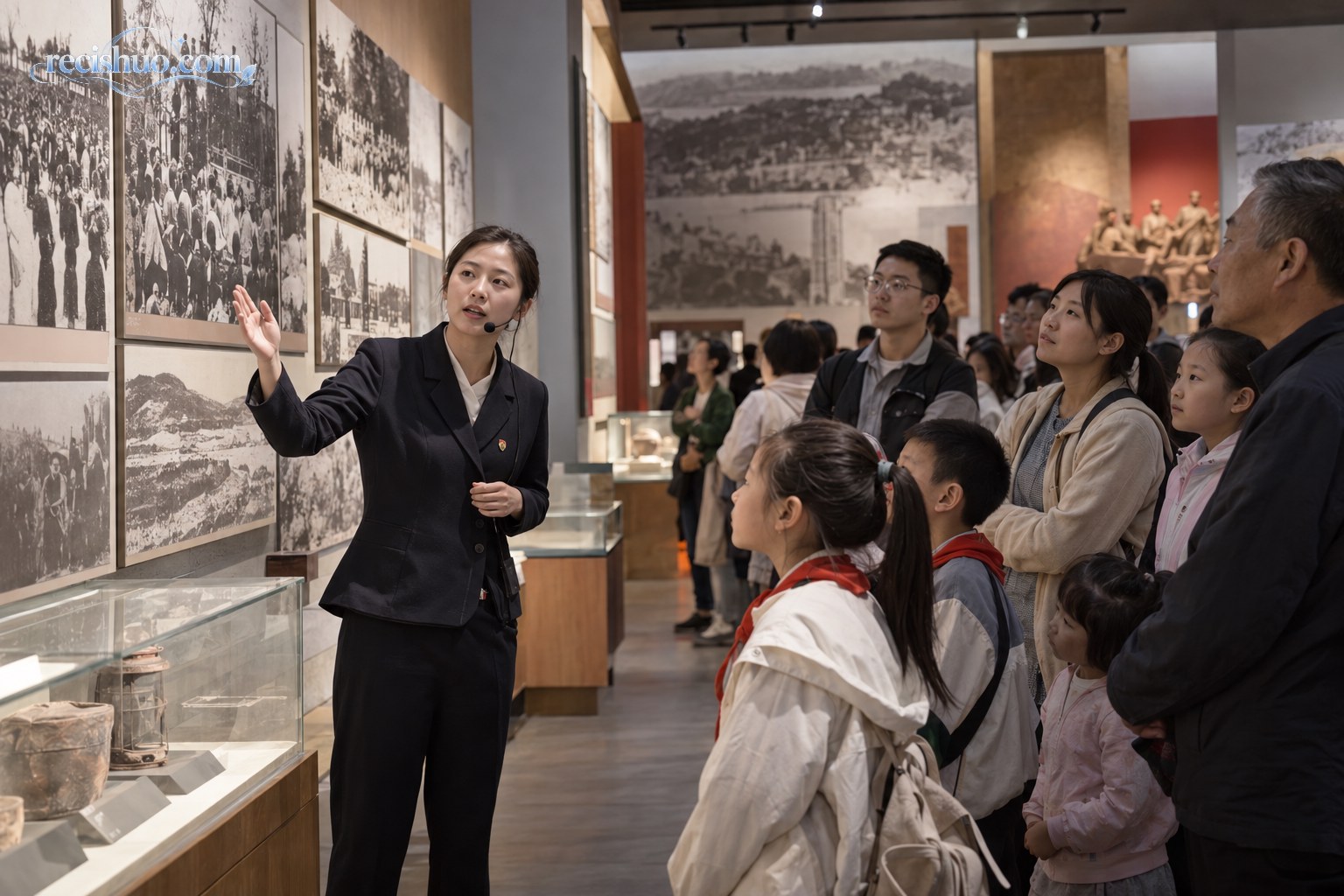 纪念展馆内，讲解员带领学生和家庭游客观看历史影像展陈