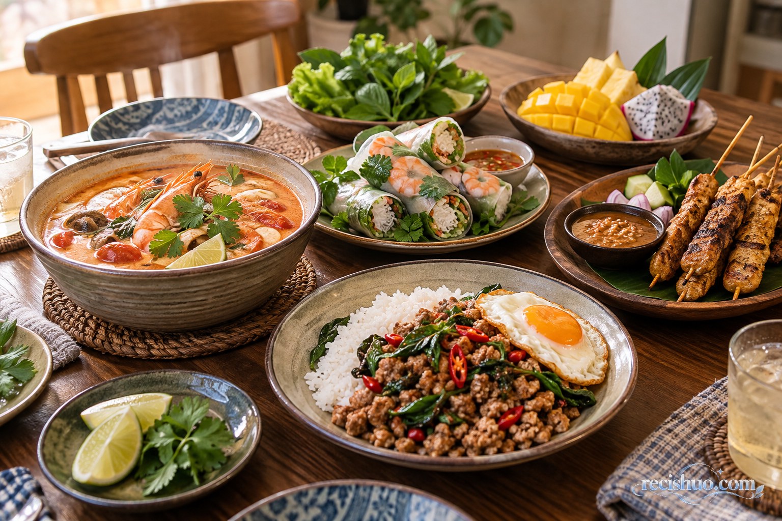 家庭餐桌上摆放冬阴功汤、越南春卷、肉末饭、沙嗲烤串和热带水果