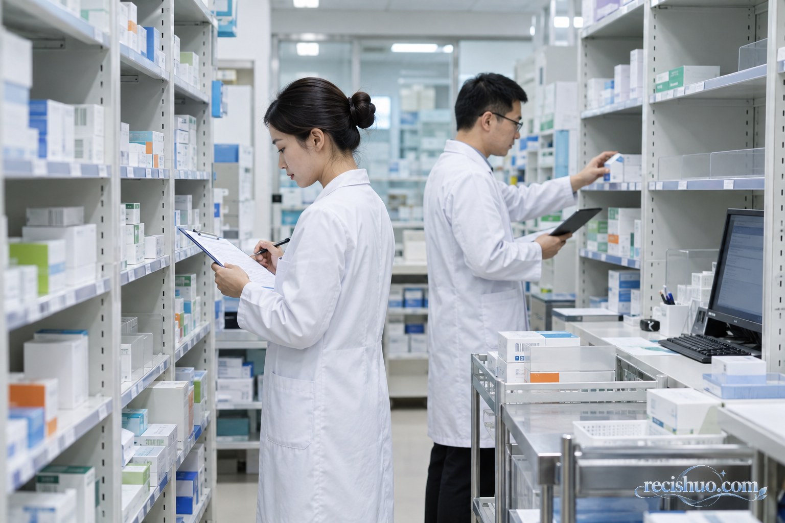 医院药师在药房货架间核对药品库存