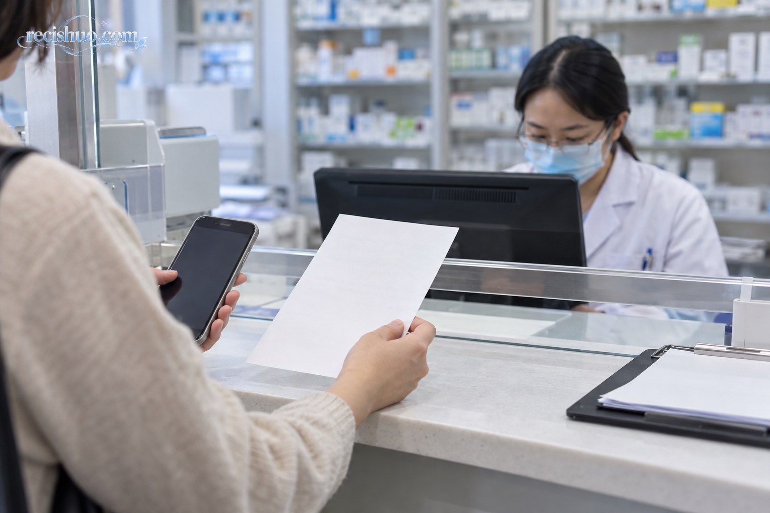 患者家属在医院药房窗口通过处方和手机核验药品供应信息