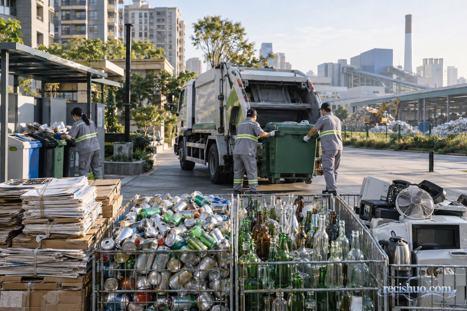 城市社区分类回收点、运输车辆与远处资源再生园区共同构成循环利用场景