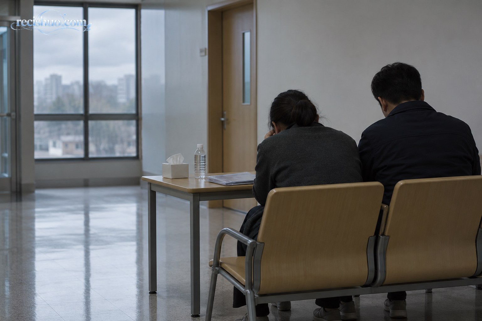 两名家属背对镜头坐在医院走廊内等待进一步消息