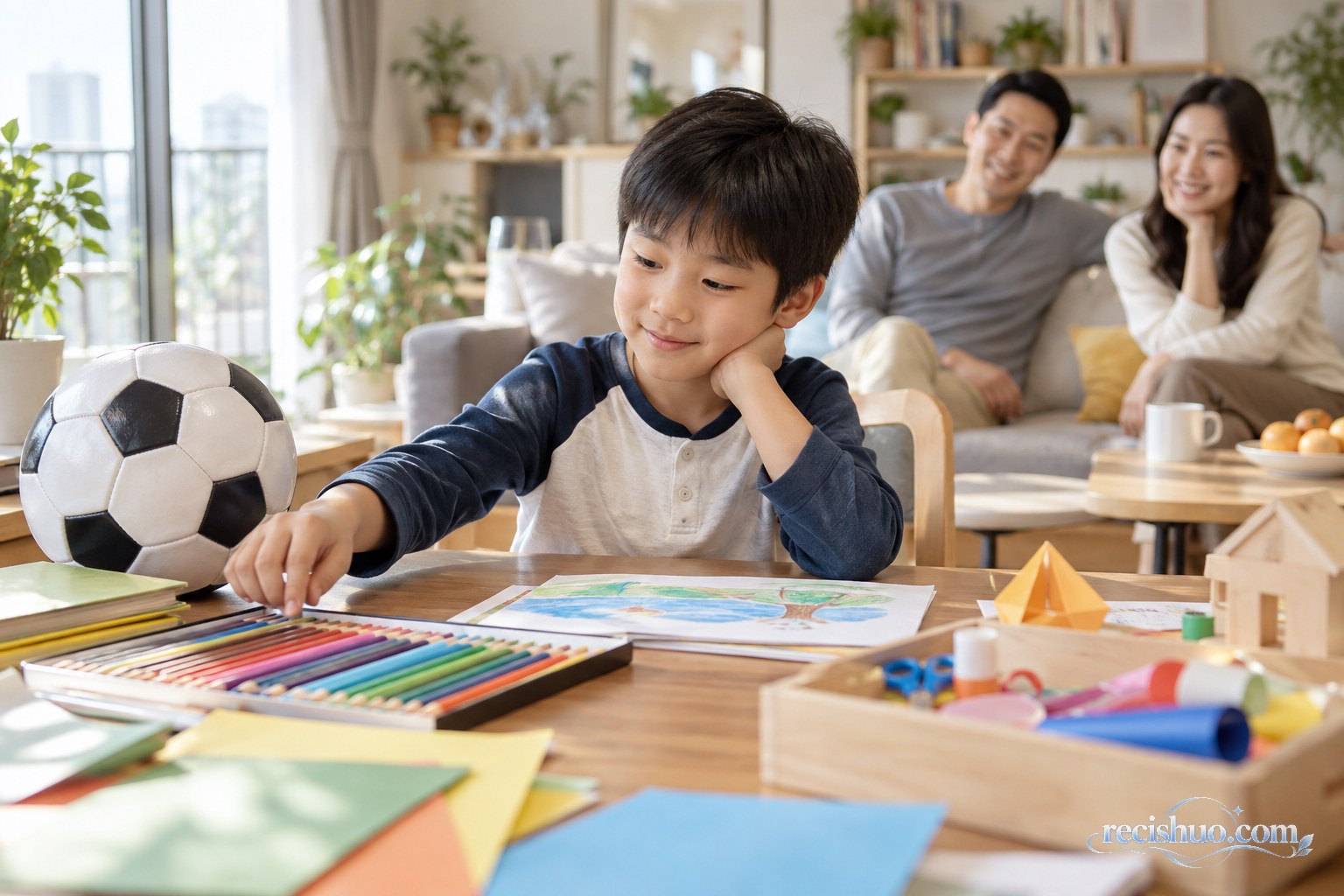 孩子在家中挑选绘画、足球和手工活动,父母在远处轻松陪伴