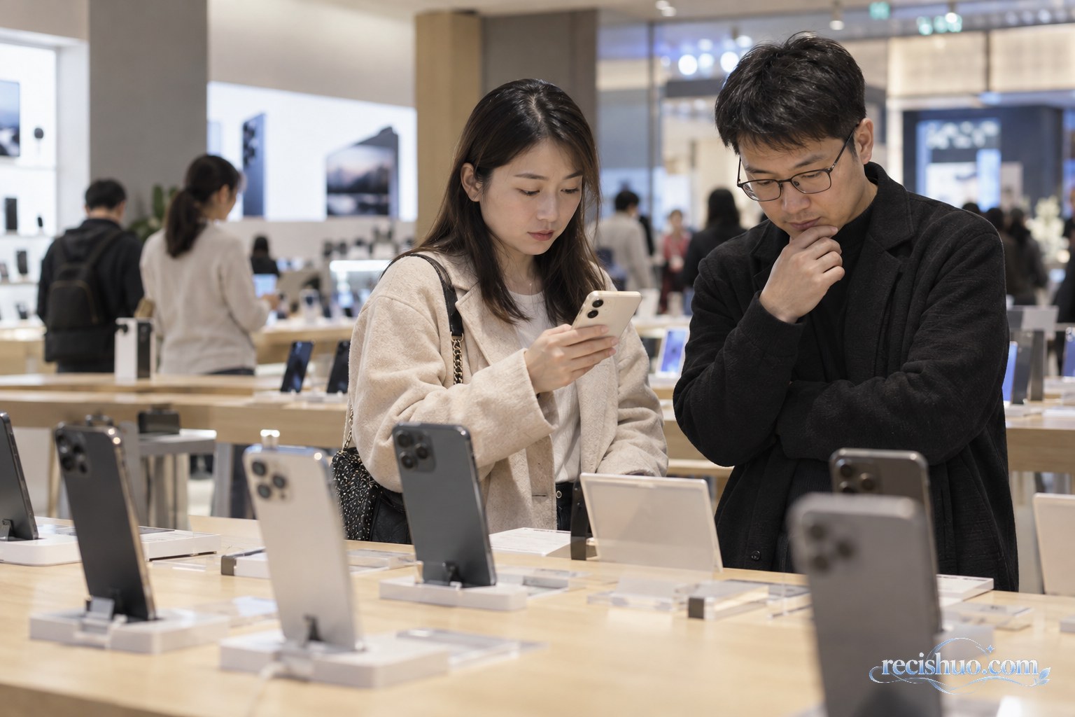 消费者在电子产品卖场内比较多款智能手机