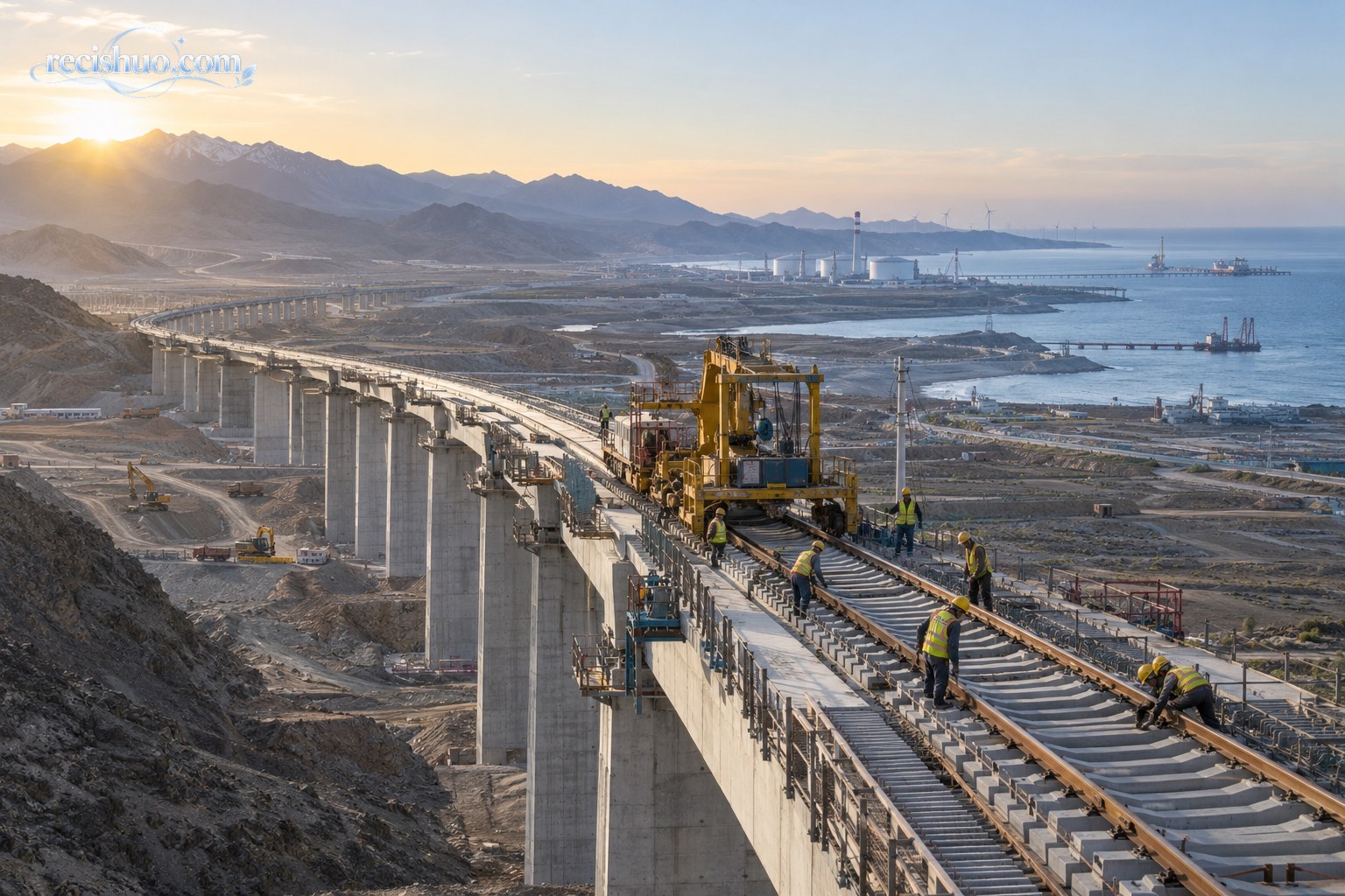 晨光下连接高原与滨海区域的大型铁路桥梁施工现场