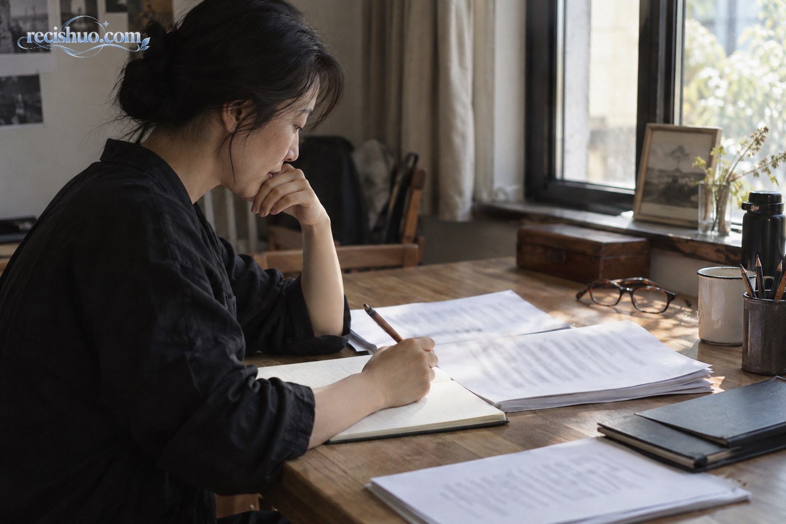 一名女演员在窗边研读剧本并认真记录角色笔记