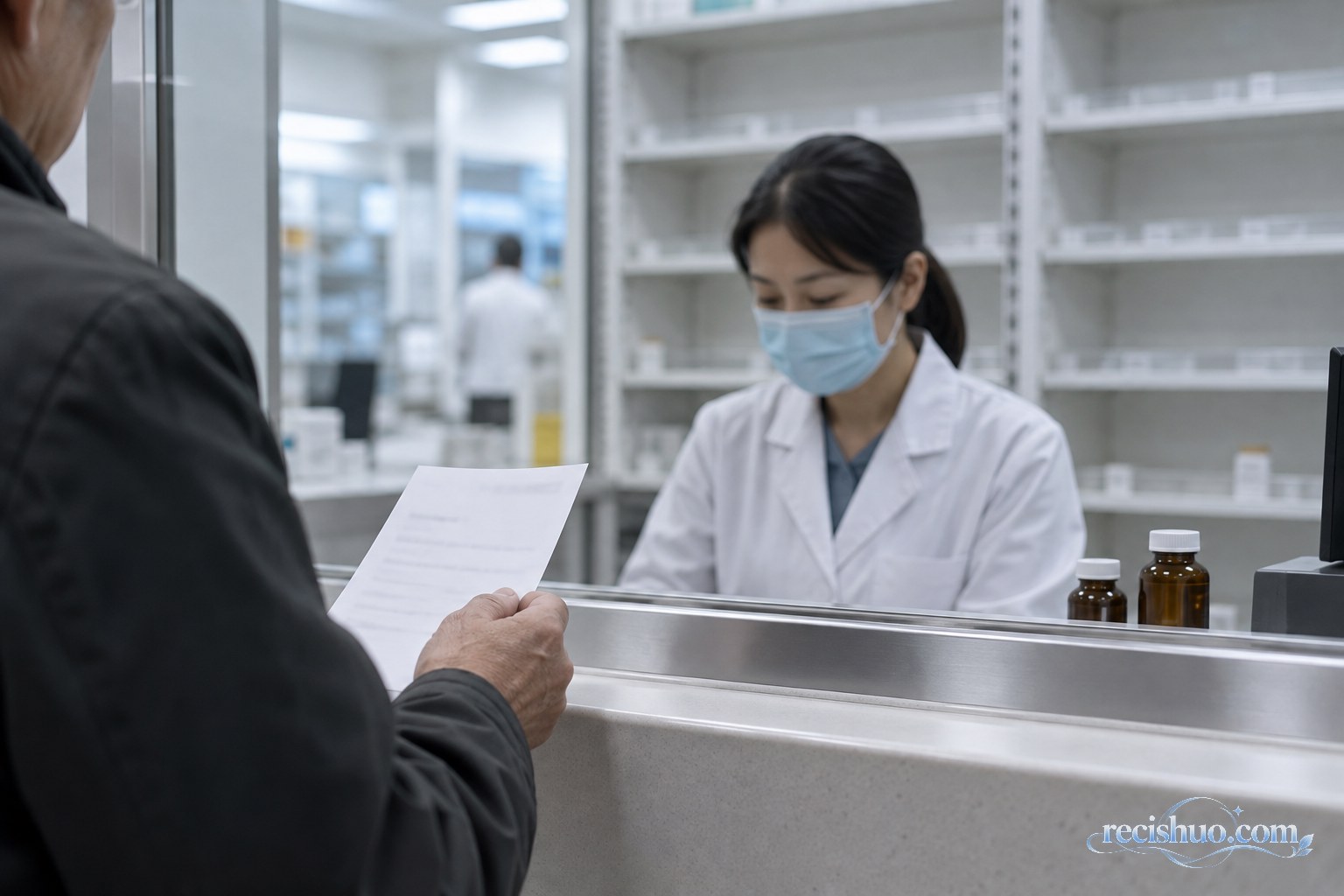 患者拿着处方在医院药房窗口询问紧缺药品