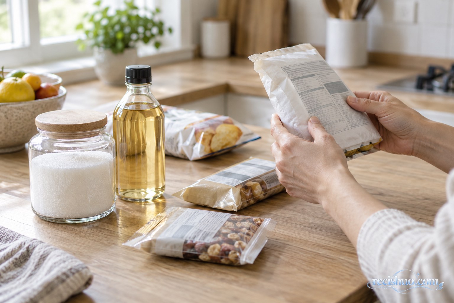 消费者在家庭厨房对照食品配料信息,桌上放着白砂糖和透明糖浆